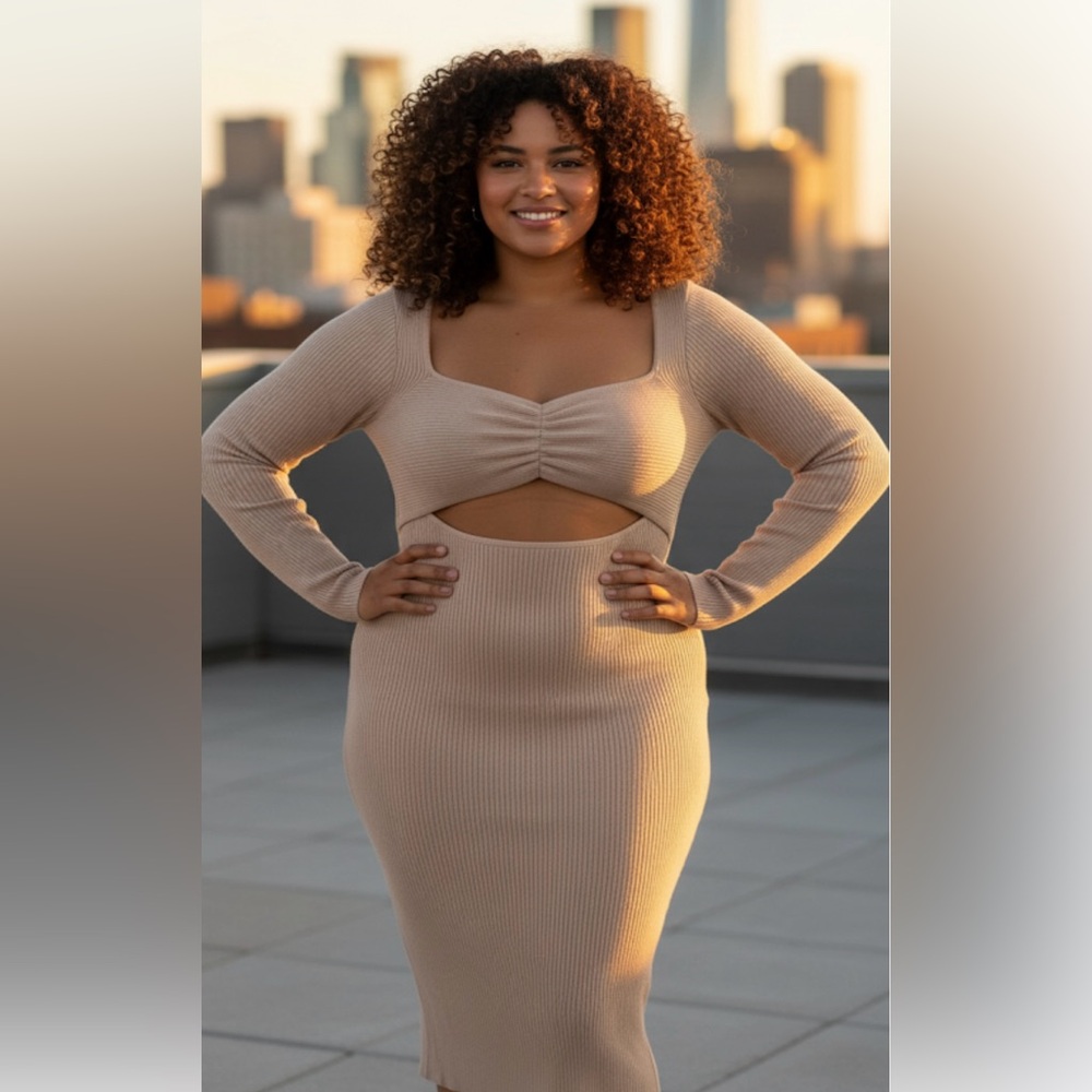 🍂 Abercrombie & Fitch XLp (extra large petite) Tan ribbed midi knit dress•
